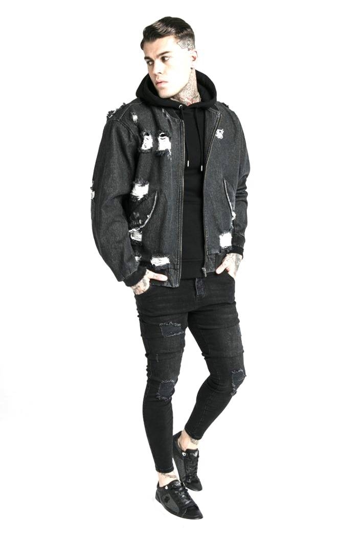 SIKISLK DISTRESSED DENIM BOMBER JACKET