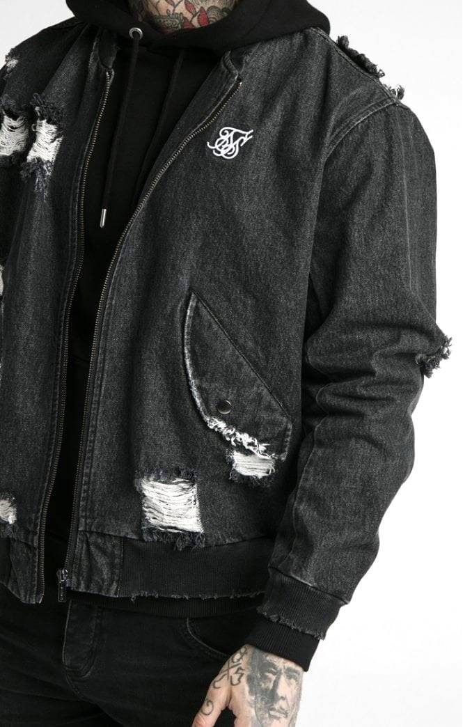 SIKISLK DISTRESSED DENIM BOMBER JACKET